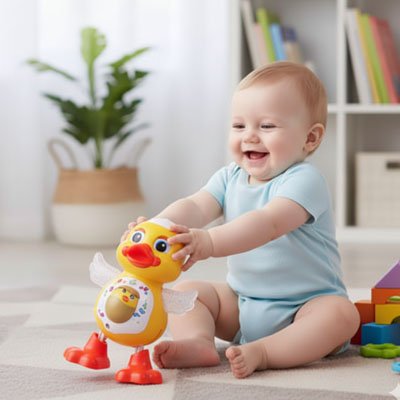 bébé jouant avec un jouet musical canard dansant