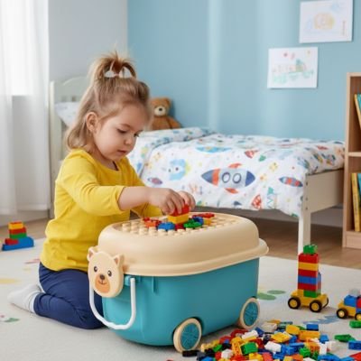 Boîte à jouet enfant bleue dans chambre