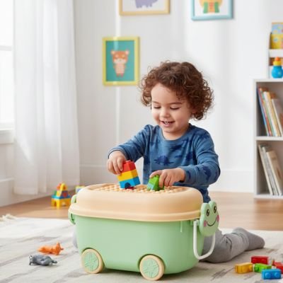 Boîte à jouet enfant grenouille utilisée au sol