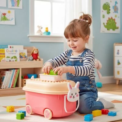 Boîte à jouet enfant rose avec blocs