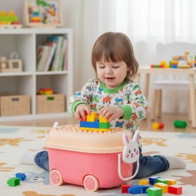 Boîte à jouet enfant rose avec fille