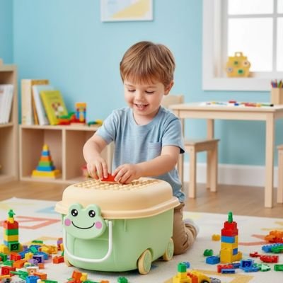 Boîte à jouet enfant verte avec garçon