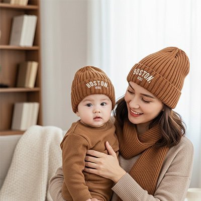 Bonnet bebe boston marron avec maman et bebe