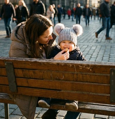 bonnet bébé garçon gris et maman sur banc