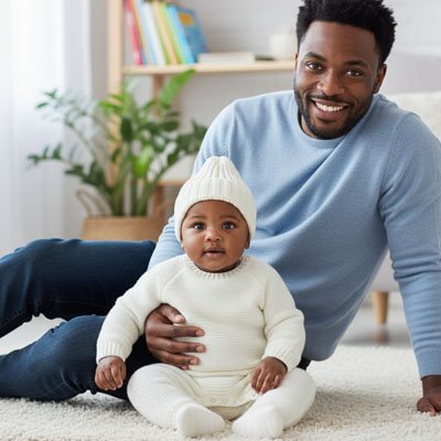 Bonnet bebe garçon blanc sur bébé avec papa