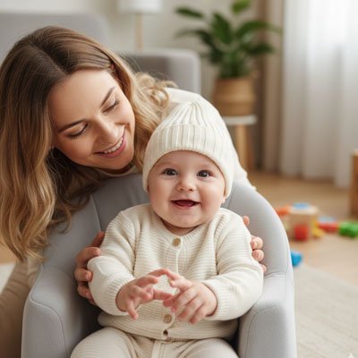 Bonnet bebe garçon blanc sur bébé avec maman