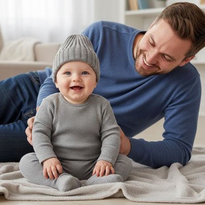 Bonnet bebe garçon gris sur bébé avec papa