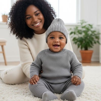 Bonnet bebe garçon gris sur bébé avec maman