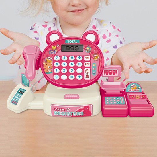 caisse enregistreuse électronique rose avec bébé