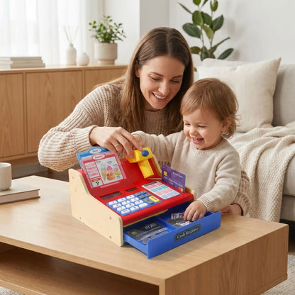 Caisse enregistreuse enfant bois avec calculatrice et tiroir-caisse