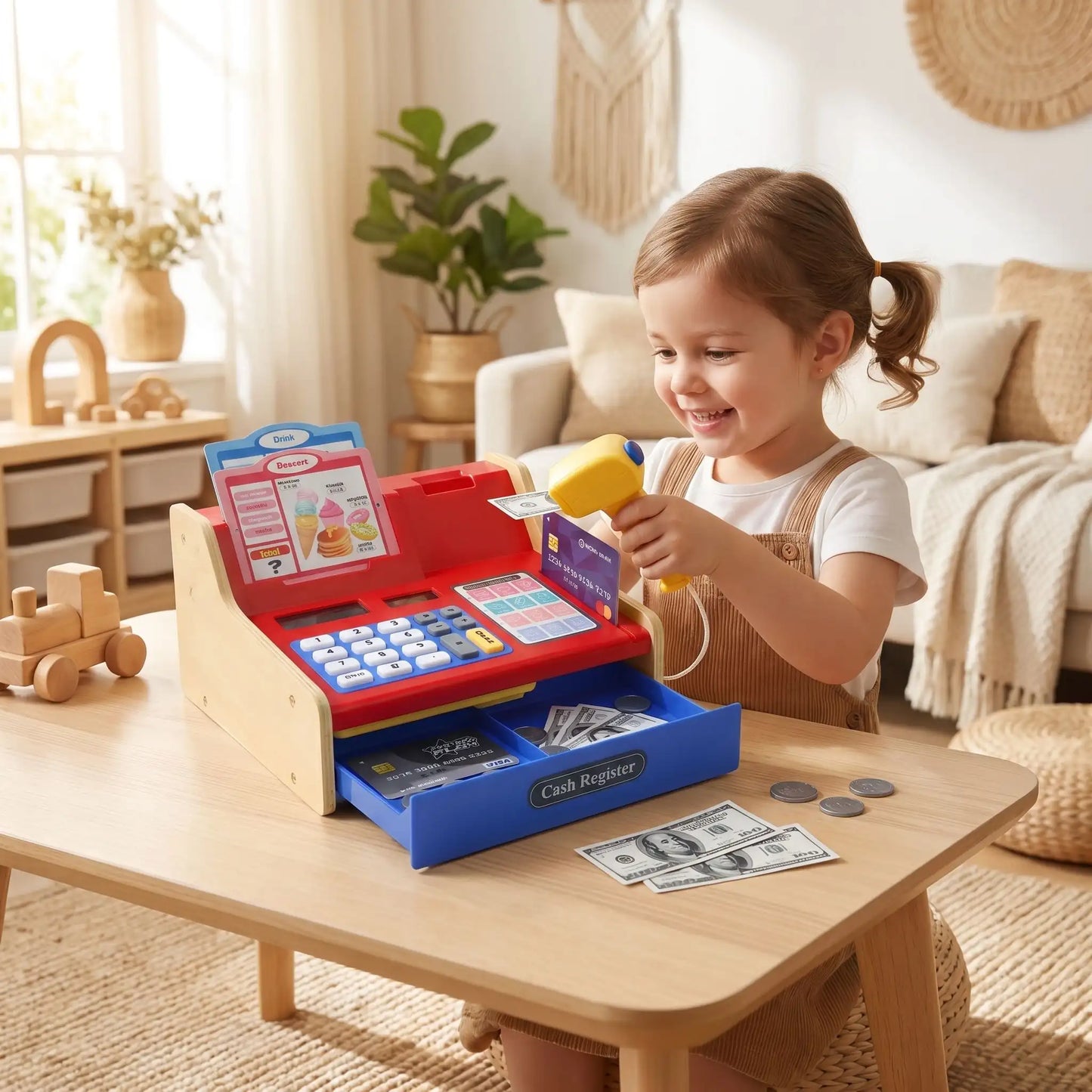 Caisse enregistreuse enfant bois avec scanner lumineux