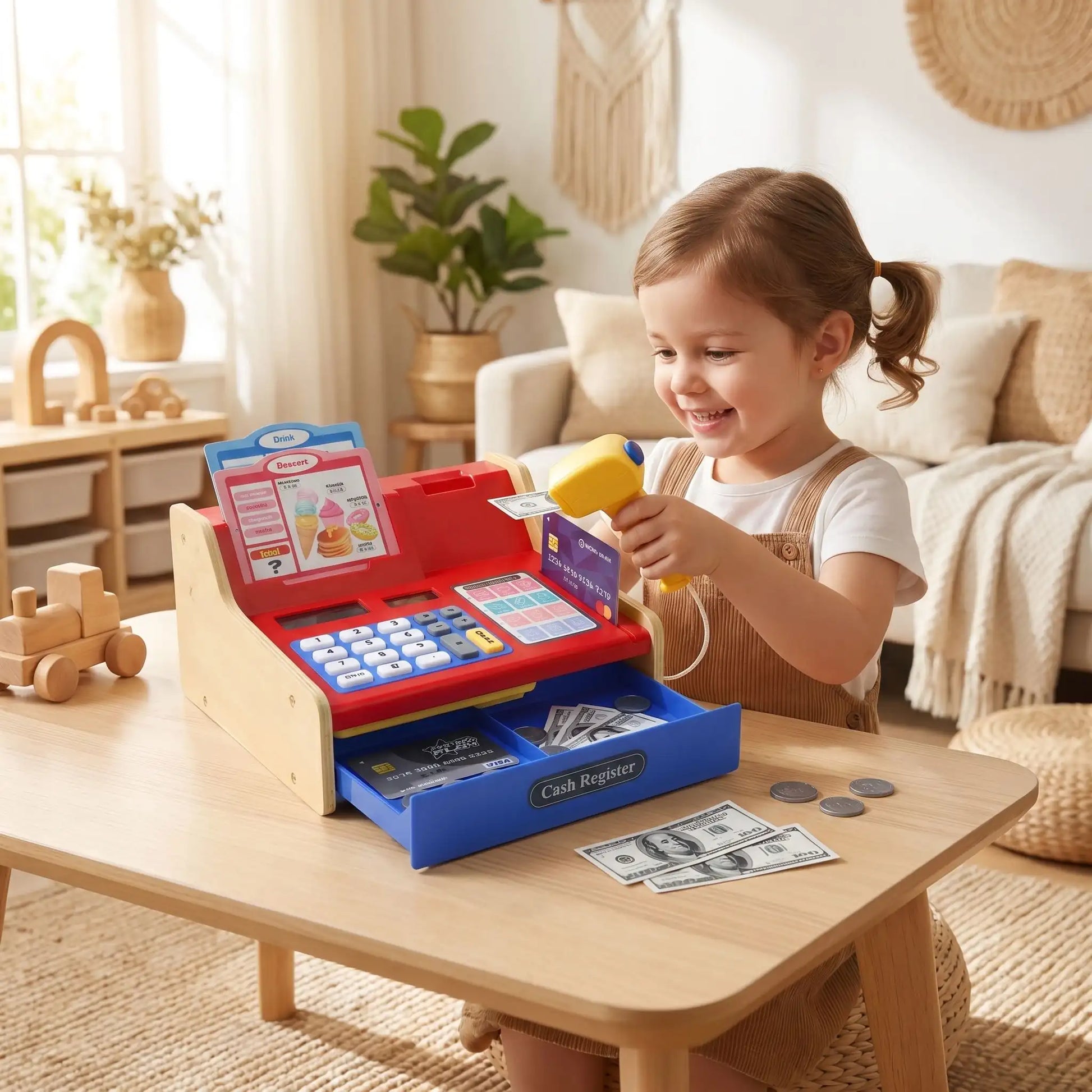 Caisse enregistreuse enfant bois avec scanner lumineux
