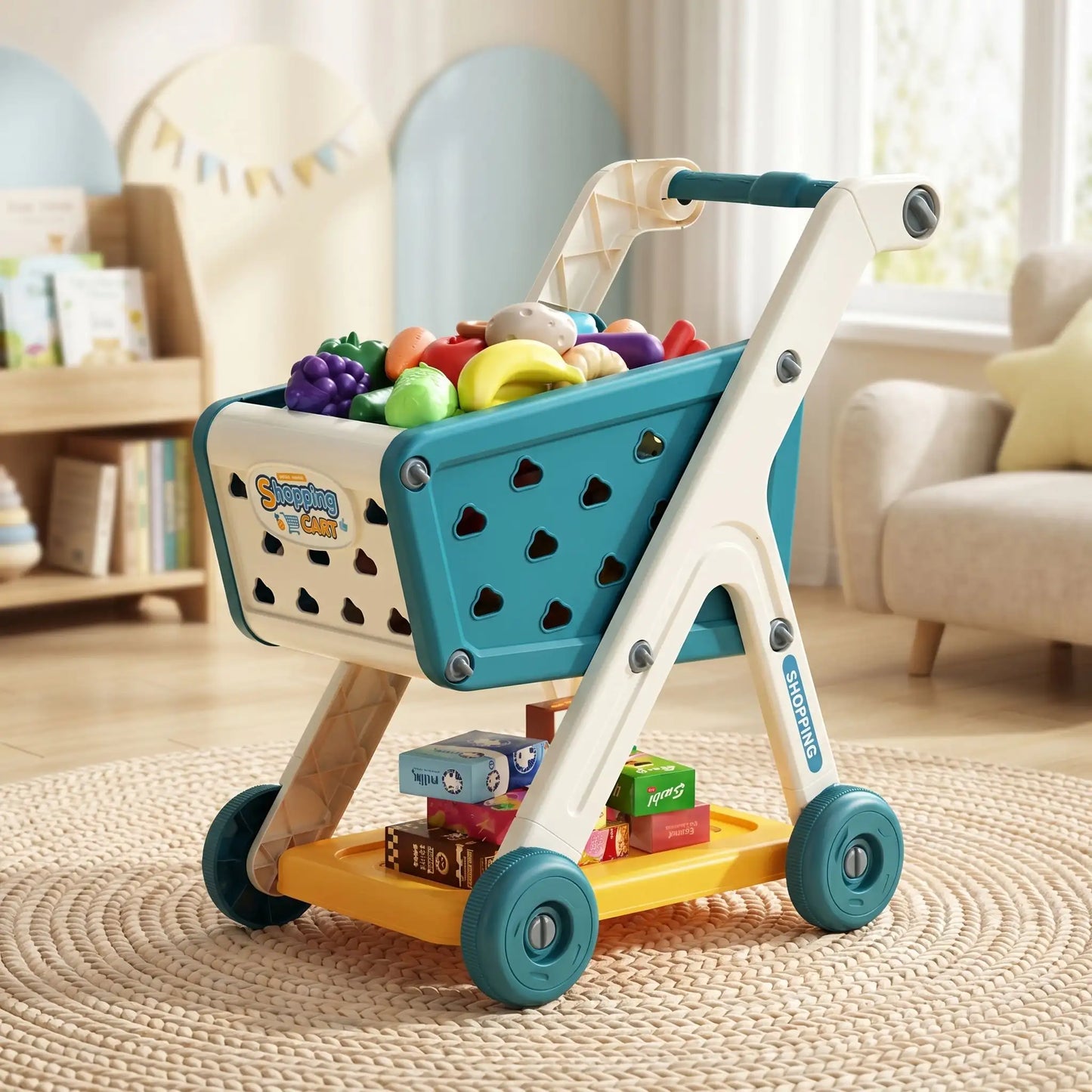 chariot de courses enfant fruits bleu