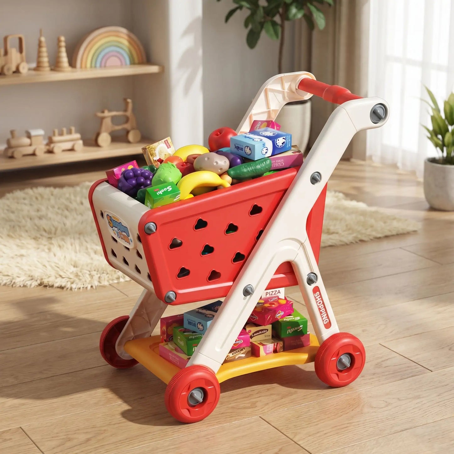 chariot de courses enfant fruits et légumes dans salon