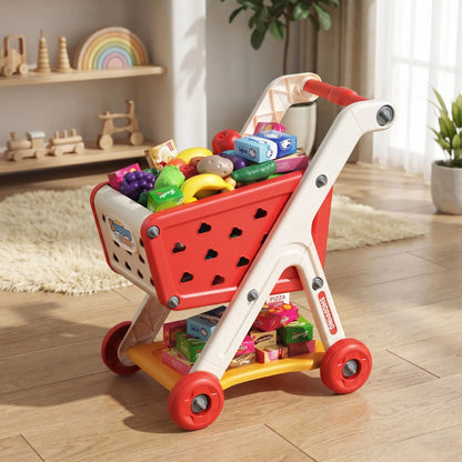 chariot de courses enfant fruits et légumes dans salon