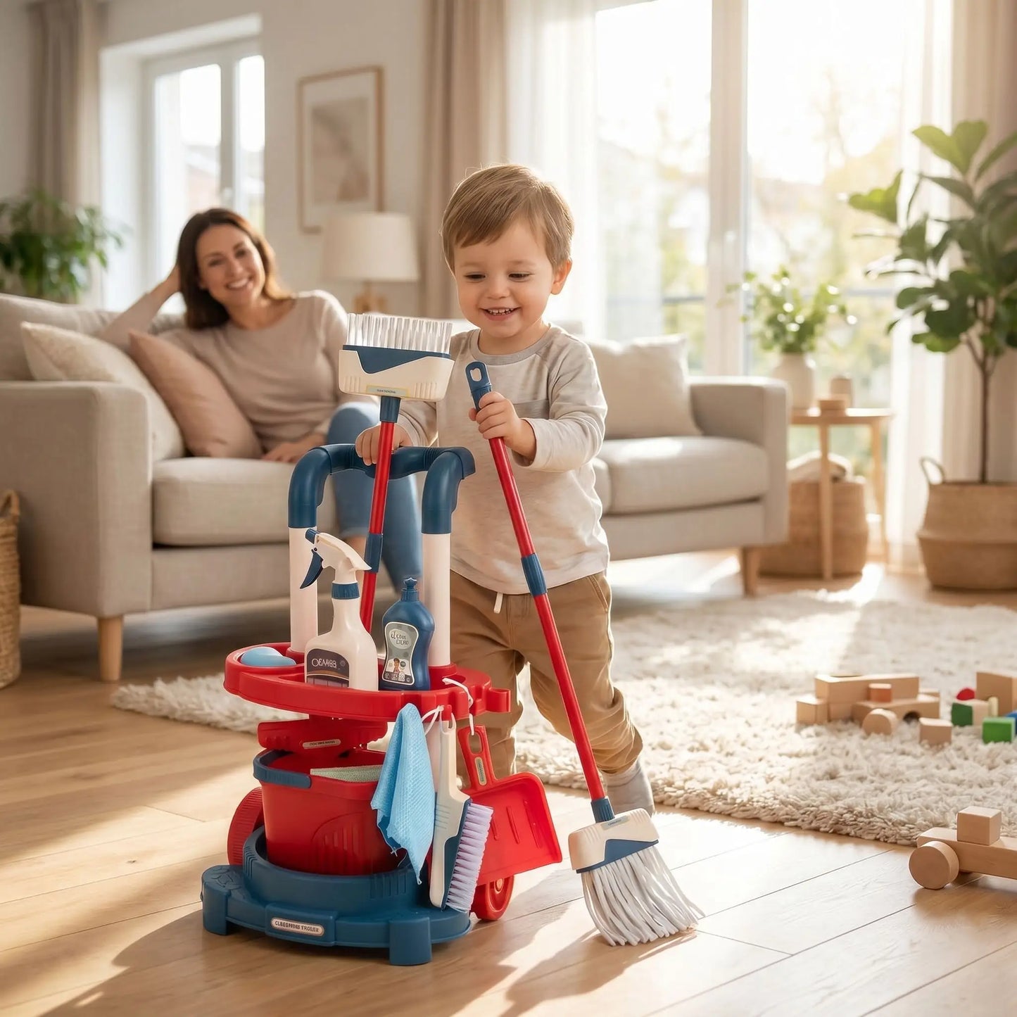 chariot ménage enfant bleu et maman