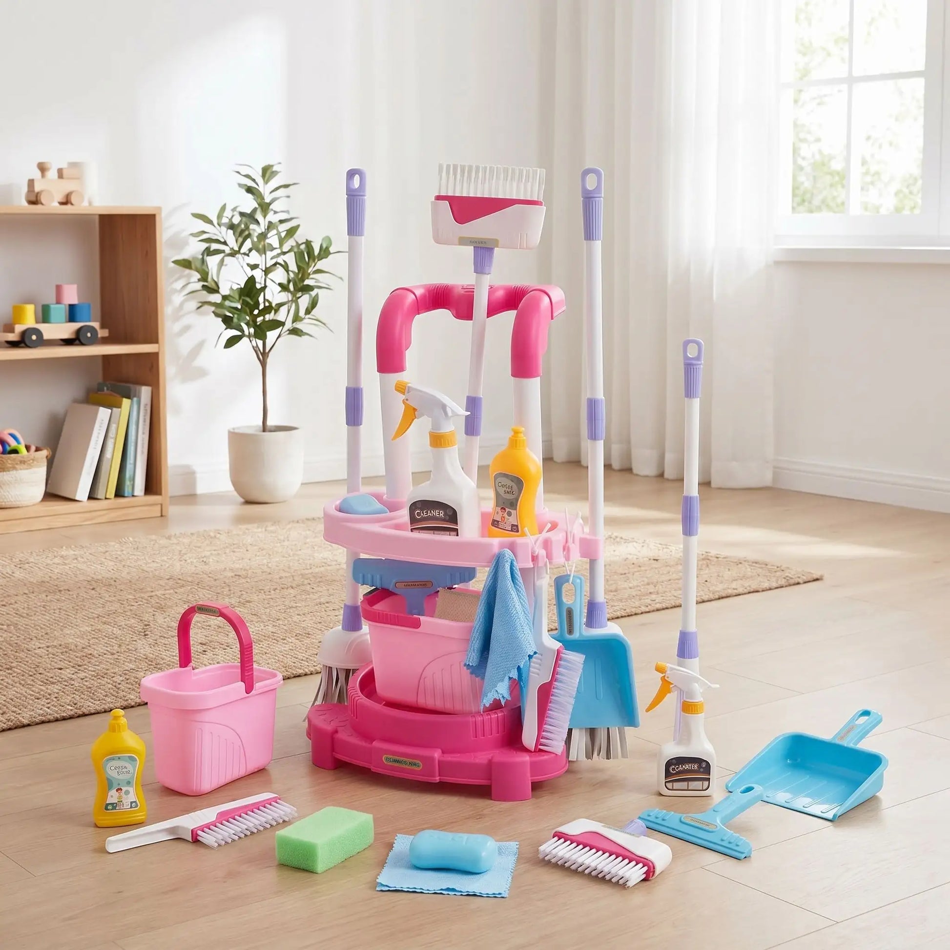 chariot ménage enfant rose accesoires