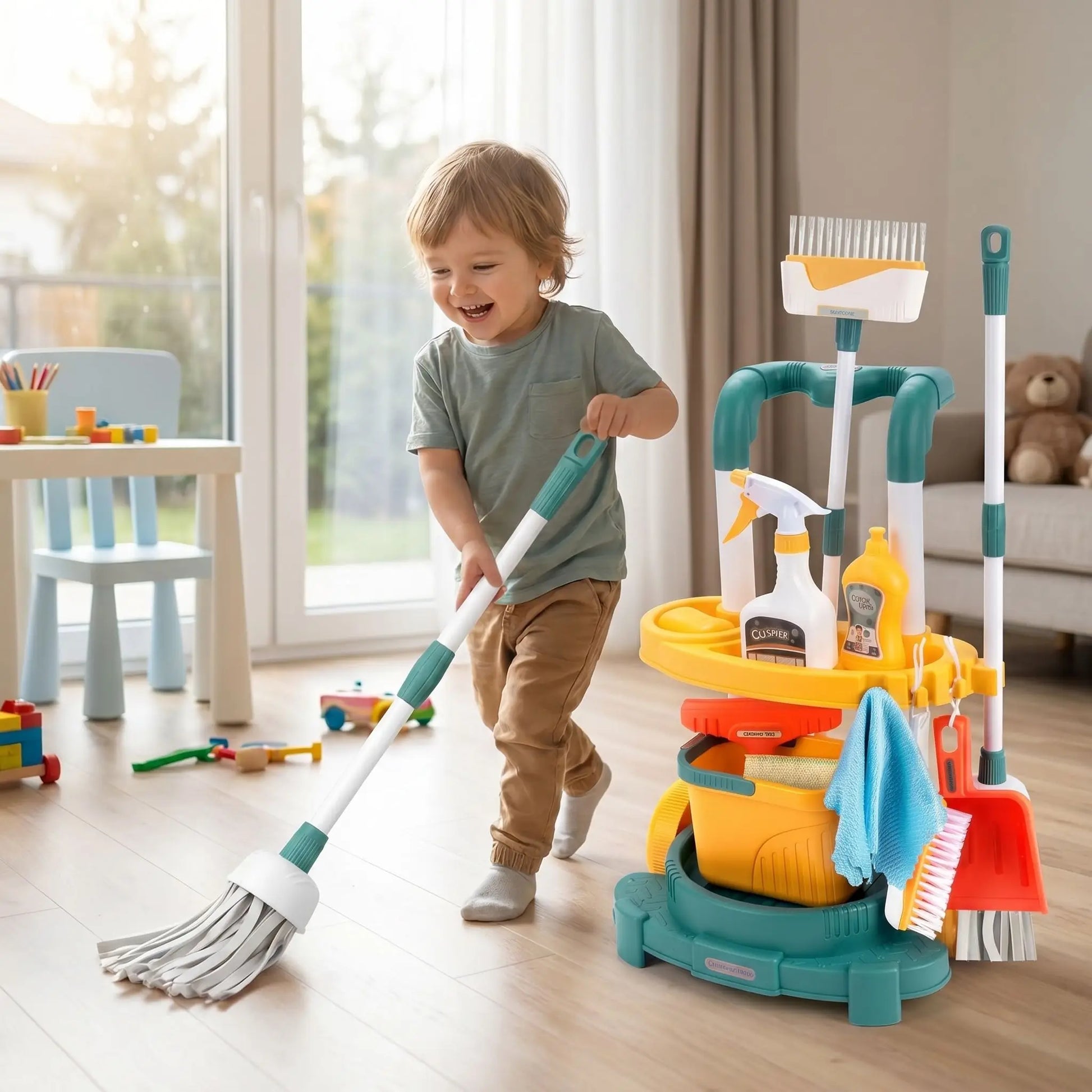 chariot ménage enfant vert dans la chambre