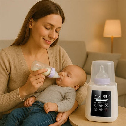 chauffe biberon et maman et bebe qui prend biberon
