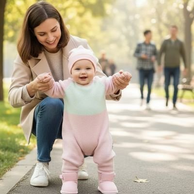 Chaussure bebe rose porté par bébé tenu par maman