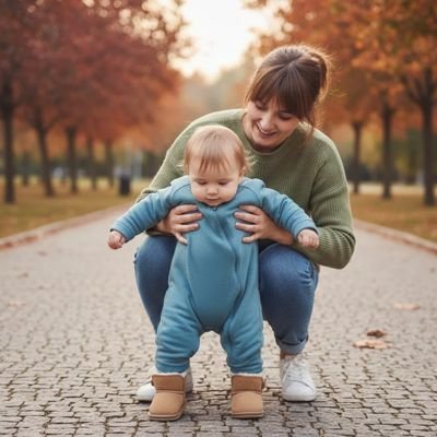 Chaussure bebe beige porté par bébé qui tien maman