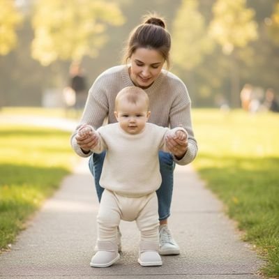Chaussure bebe  blanc sur bébé qui tien la main a maman