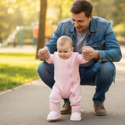 Chaussure bebe porté par bébé qui tien papa