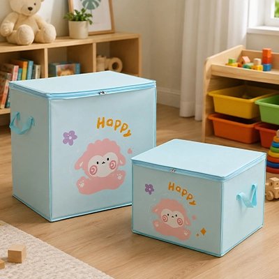 Coffre à jouets enfant bleu dans une chambre