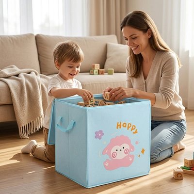 Coffre à jouets enfant bleu près du canapé