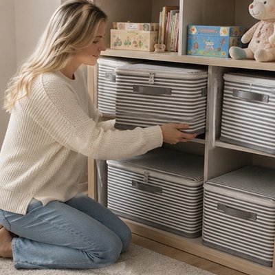 Coffre rangement enfant placé sur une étagère