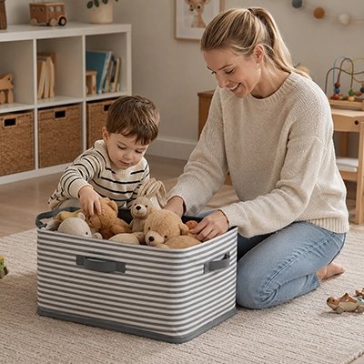 Coffre rangement enfant rayé avec peluches