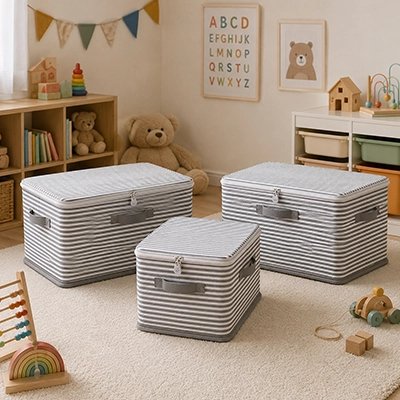 Coffre rangement enfant rayé dans chambre organisée