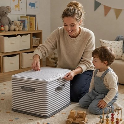 Coffre rangement enfant utilisé en famille
