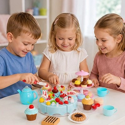 Dînette jouet bleue avec trois enfants