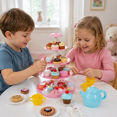 Dînette jouet rose partagée par deux enfants