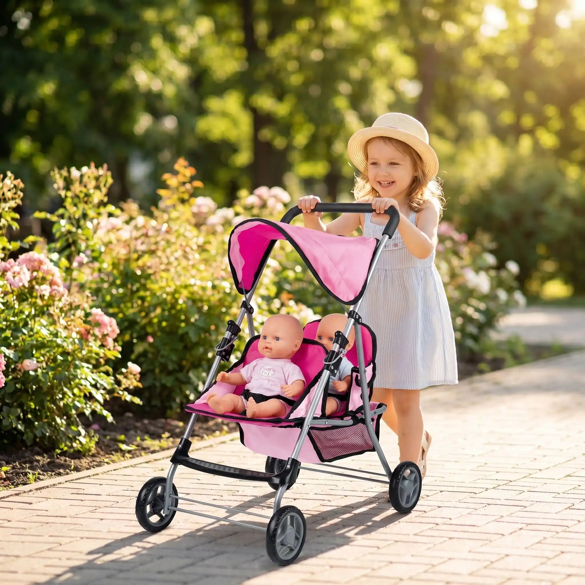Double poussette jouet avec deux poupées