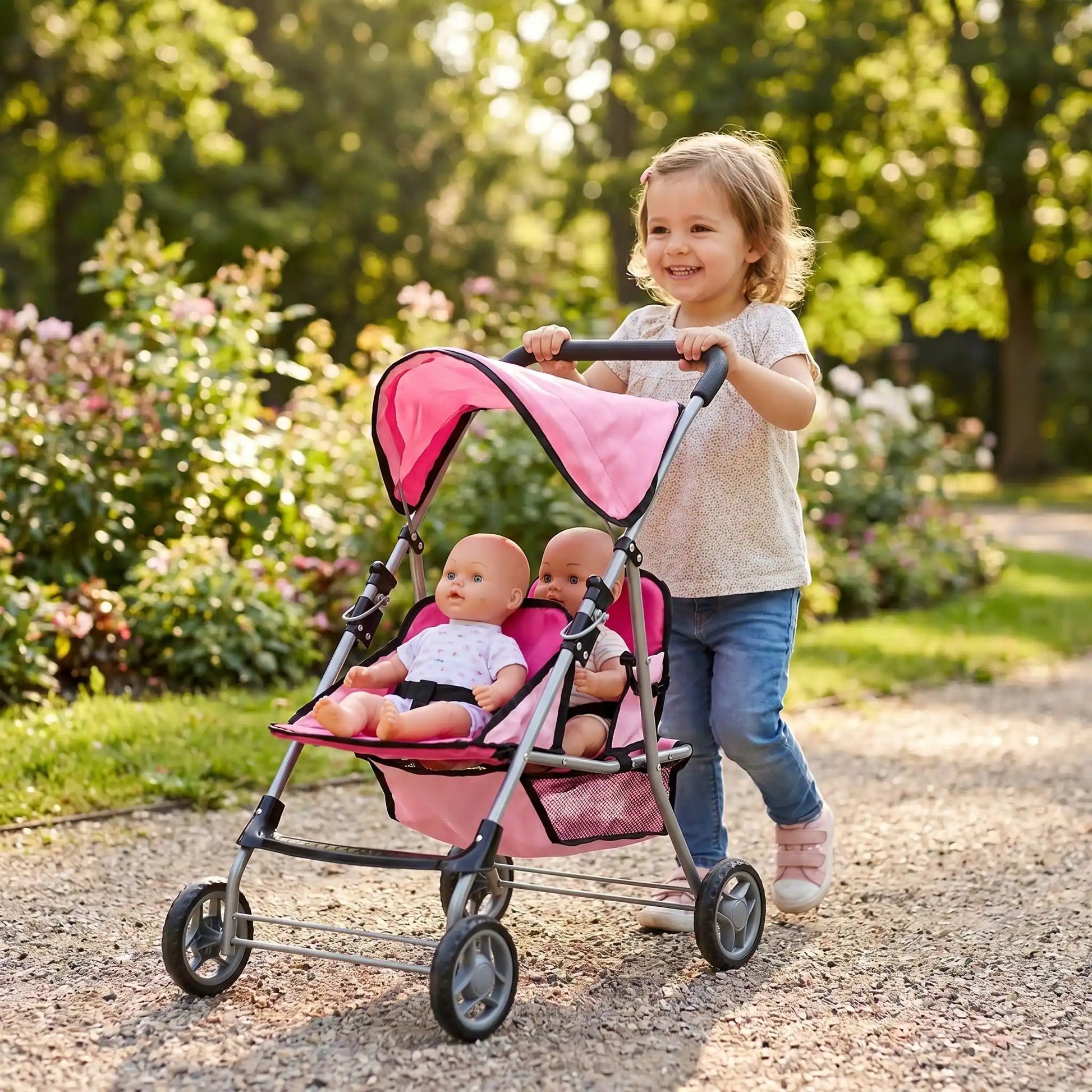 Double poussette jouet rose pour enfant