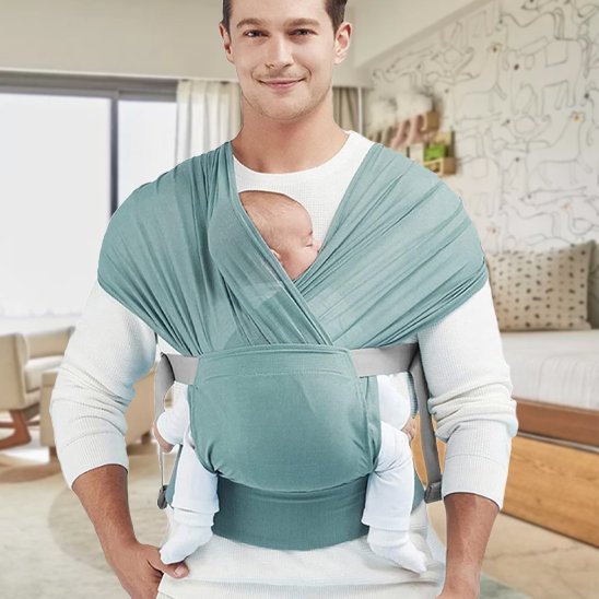 écharpe de portage confortable vert avec papa et bebe