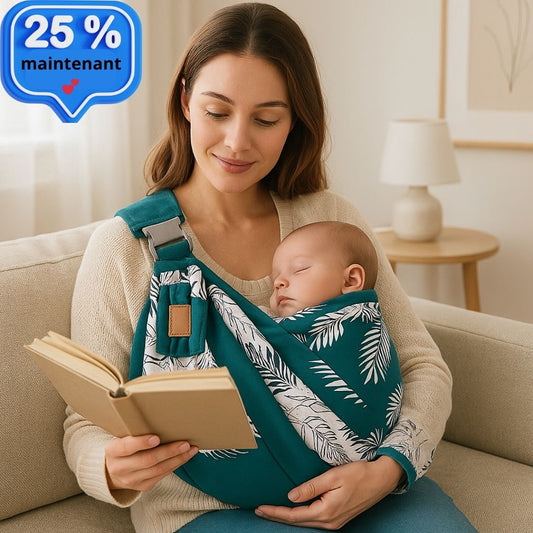 écharpe porte bébé nid doux et maman qui tien un livre