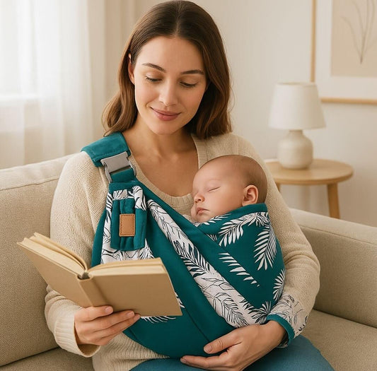 maman lit un livre avec echarpe pour bebe