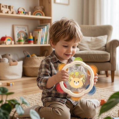 enfant joue tambourin bébé sensoriel