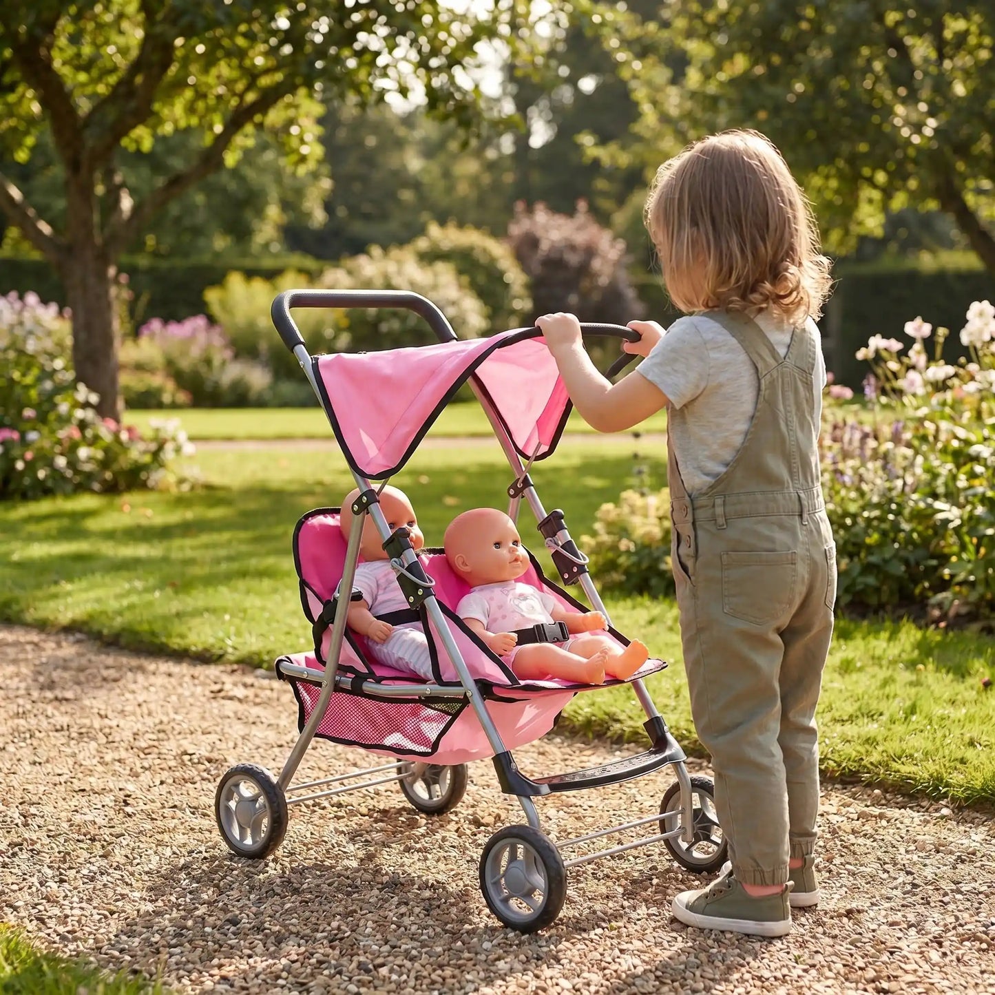 Enfant promenant ses poupées en double poussette jouet