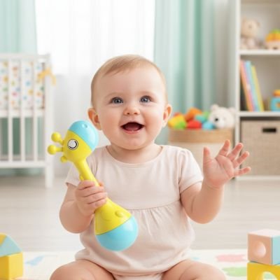 hochet motricité bébé girafe jaune et bleu