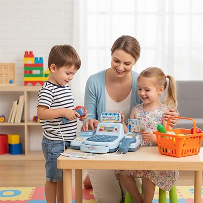 jeu de caisse enregistreuse enfant bleu avec enfants