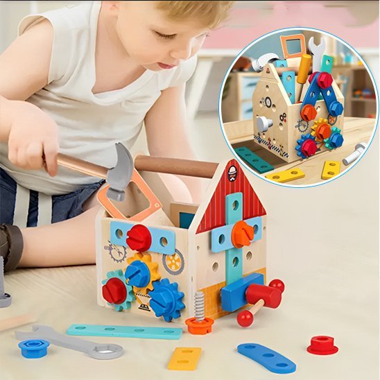 Jeu de construction en bois et enfant joue