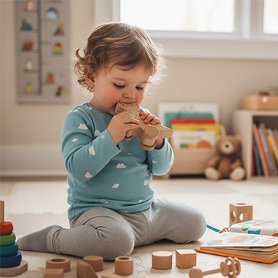 jouet bébé bois dinosaure bébé joue dans sa chambre