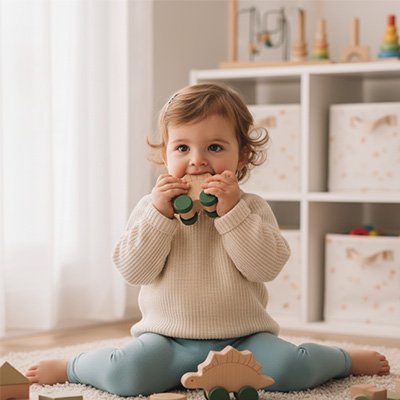 jouet bébé bois dinosaure bébé joue dans sa chambre