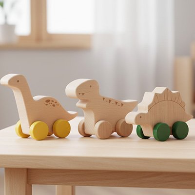 jouet bébé bois dinosaure trois modèles présentés