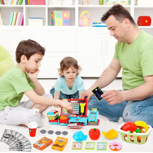jouet caisse enregistreuse papa et enfant qui jouent
