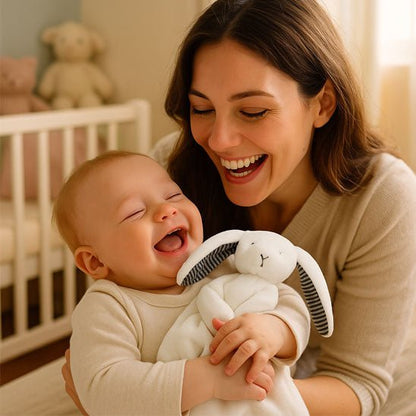 lapin doudou dans la chambre avec maman et bebe